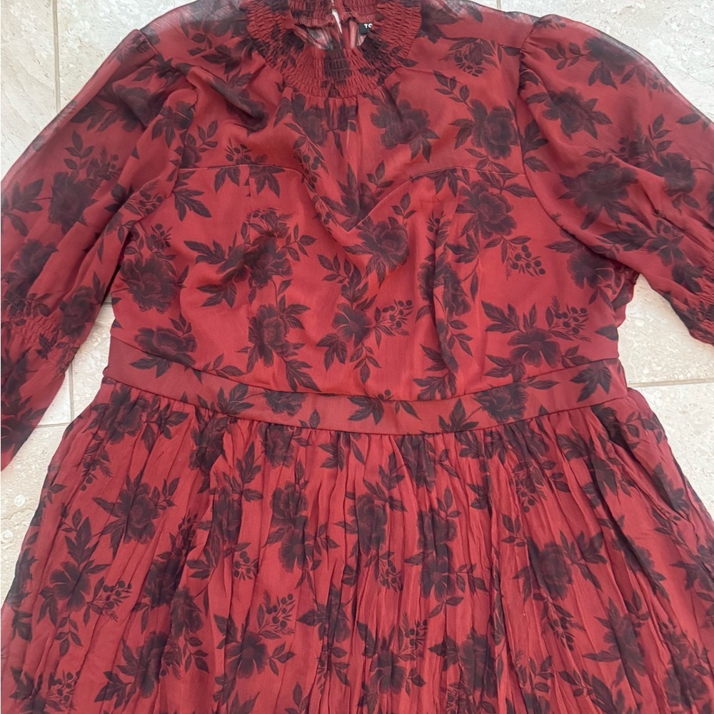 Torrid Burgundy Floral Long Sleeve Dress Mini Turtleneck Chiffon Crinkle Dress 2 - Picture 3 of 4
